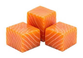 Three cubes of fresh raw salmon fish isolated on transparent background