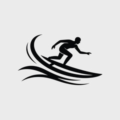 Silhouette of a surfer riding a wave with stylized water splashes