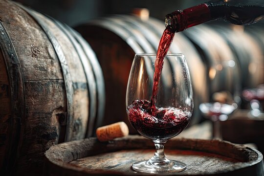 Red wine being poured into a glass in a cellar with wooden barrels