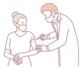 An illustration depicting a healthcare worker administering a vaccine to a patient inside a clinical environment