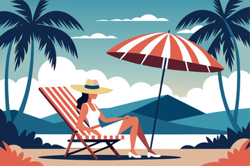 Woman relaxing on a beach chair under an umbrella, enjoying a summer vacation with palm trees in background