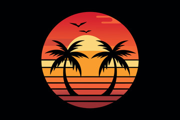 Tropical sunset with palm trees silhouette against a vibrant sky, evoking a sense of vacation and paradise