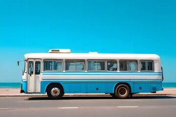 Blue and white bus driving on the road.