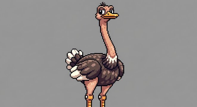 A charming pixel art illustration of a cute cartoon ostrich. This funny, flightless bird character is standing in a friendly pose, perfect for a game sprite or animation.