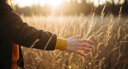 Person s hand gently touching tall grass in golden hour sunlight