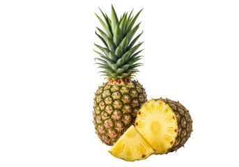 Whole, half, and slice of ripe pineapple with vibrant green leaves and juicy yellow flesh, meticulously arranged on a transparent studio backdrop with diffused lighting. Concept of freshness and