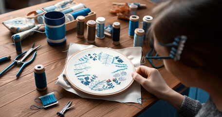 Needlework Project with Colorful Threads and Fabrics

