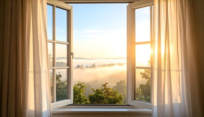 Fototapeta premium Opening window symbolizes hope, as sunlight streams in, offering a sense of peace and new beginnings.