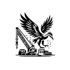 Eagle and construction crane isolated on white background