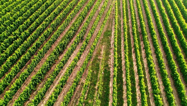Aerial view of vineyard rows green grapevines brown soil agricultural landscape agriculture