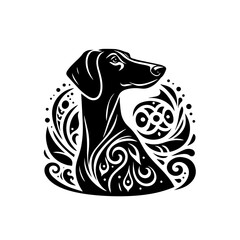 Black dachshund silhouette with ornamental swirls isolated on white background