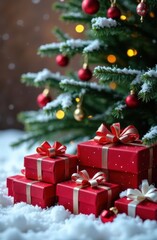 Red christmas gifts under decorated christmas tree with fairy lights