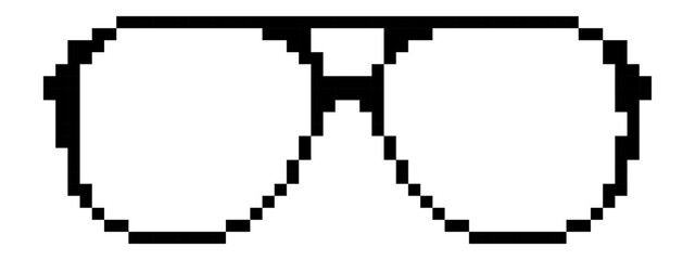 Glasses templates in pixel art style. Black outline eyewear. Vision, style, labels. Isolated on white background.
