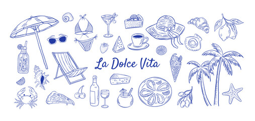 Hand drawn La dolce vita vector set. Italian summer vacations illustrations. Mediterranean food, cocktial, dessert, beach elements, bikini, chair, umbrella, seafood in doodle sketch style.