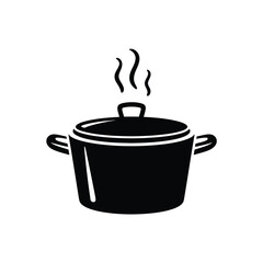 Black and white illustration of a steaming cooking pot