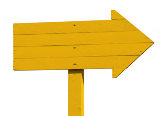 Yellow wooden arrow sign pointing to the right, isolated on transparent background