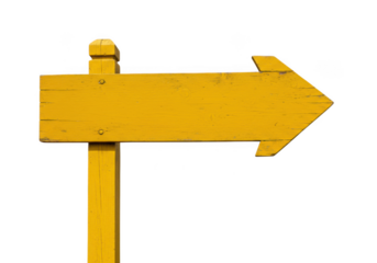 Yellow wooden directional arrow sign isolated on transparent background, pointing to the right, indicating a direction or choice
