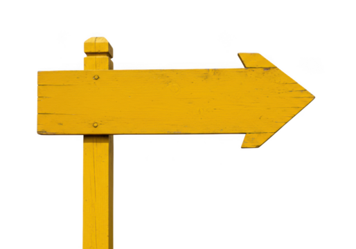 Yellow wooden directional arrow sign isolated on transparent background, pointing to the right, indicating a direction or choice