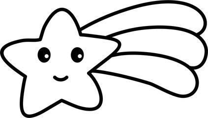 Smiling shooting star in simple black and white outline kawaii cartoon illustration