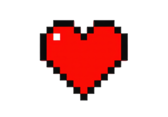 Vibrant red 8-bit pixelated heart icon with white highlight, isolated on a transparent background with copy space, top-down view, bright shadowless lighting. Concept of retro gaming and digital art