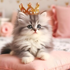 Cute kitten wearing a crown, sitting on a pillow