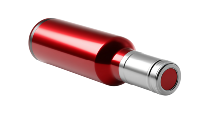 Elegant red metal wine bottle with silver cap isolated on transparent background, perfect for showcasing luxury and modern beverage designs