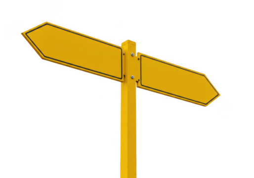 Yellow directional signpost with two blank arrows pointing in opposite directions, isolated on transparent background
