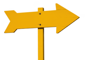 A single yellow arrow sign pointing to the right, isolated on a transparent background, indicating direction and choice