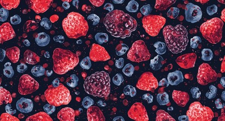 Abstract Watercolor Berries & Organic Forms Seamless Pattern in Red Blue and Dark Hues