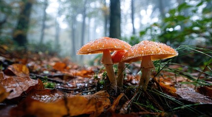 Two vibrant orange mushrooms in a misty forest floor, covered in dew