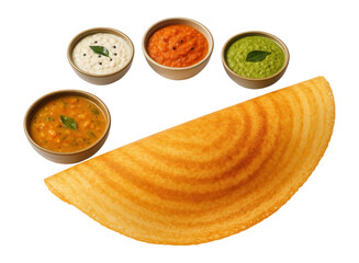 Crispy dosa served with four colorful chutneys in small bowls, featuring coconut, tomato, mint, and sambar flavors on transparent background.