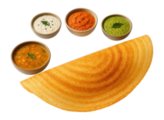 Crispy dosa served with four colorful chutneys in small bowls, featuring coconut, tomato, mint, and sambar flavors on transparent background.