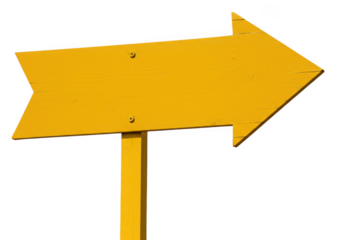 Yellow wooden arrow sign pointing to the right, isolated on transparent background, indicating direction