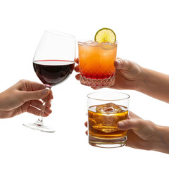 Three hands holding different drinks: a red wine glass, a cocktail with a lime slice, and a whiskey glass with ice. Transparent background, isolated PNG.