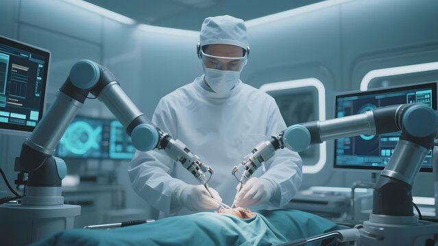 Surgeon performing robotic-assisted surgery in a high-tech operating room
