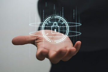Hand presenting digital padlock icon surrounded by glowing chains and falling binary code symbolizing online security data protection and secure access to information in the digital realm