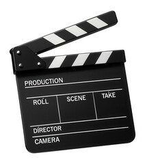 Obraz premium Classic black and white film clapperboard used in movie production, labeled with sections for roll, scene, and take, on transparent background.