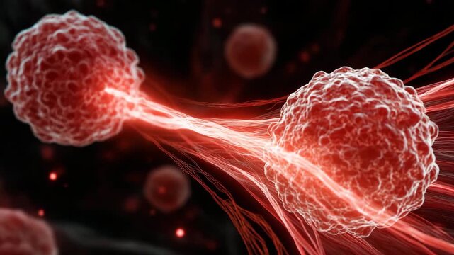 Two red and white spheres are shown. connected by a red line. red energy wave hitting stacked cancer cells, bursting effect, high contrast, break cancer cells, targeted therapy