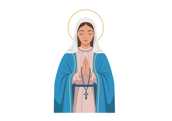 Virgin Mary in Blue Robe Praying with Rosary and Halo.