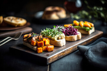 A beautifully arranged breakfast showcases a wooden platter with artisanal toasts topped with vegetables, herbs, and colorful sprouts. Perfect for a nutritious start to the day