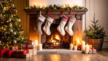 Cozy Christmas scene fireplace with stockings lit candles Christmas tree and gifts warm lighting