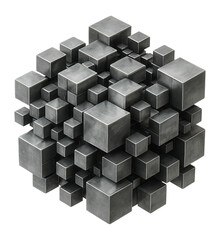 Obraz premium Cluster of various sized metallic cubes organized in an abstract geometric formation on transparent background.