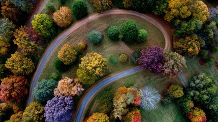 Fototapeta premium Winding road through a vibrant autumn forest from above