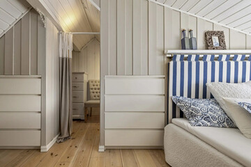 Modern luxury bedroom interior in minimal scandinavian style, 3d render