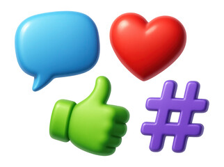 Colorful social media icons including a blue chat bubble, red heart, green thumbs up, and purple hashtag on transparent background.
