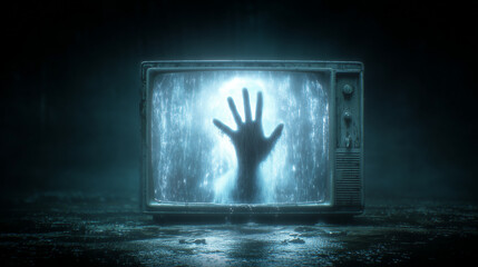 Terrifying horror scene with ghost hand reaching from vintage television screen. scary, dark, blue, and supernatural display of frightening paranormal entity