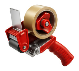 Red and silver handheld tape dispenser with a roll of brown packing tape, featuring a serrated cutting edge on transparent background.