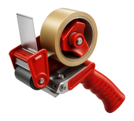 Red and silver handheld tape dispenser with a roll of brown packing tape, featuring a serrated cutting edge on transparent background.