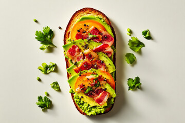 Colorful breakfast toasts feature layers of avocado, crispy bacon, and fresh tomato and herbs, artfully arranged on toasted bread in a bright kitchen environment