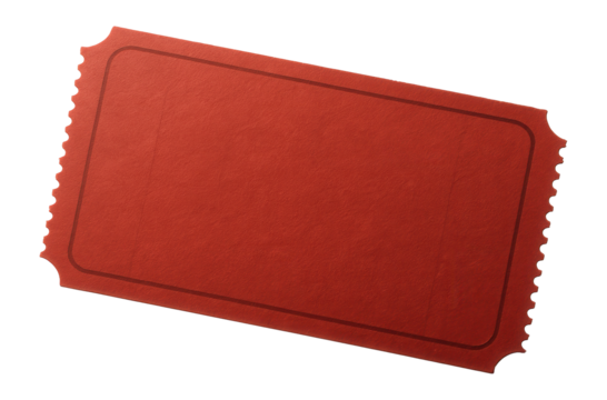 Red blank ticket with perforated edges and a border design on transparent background.